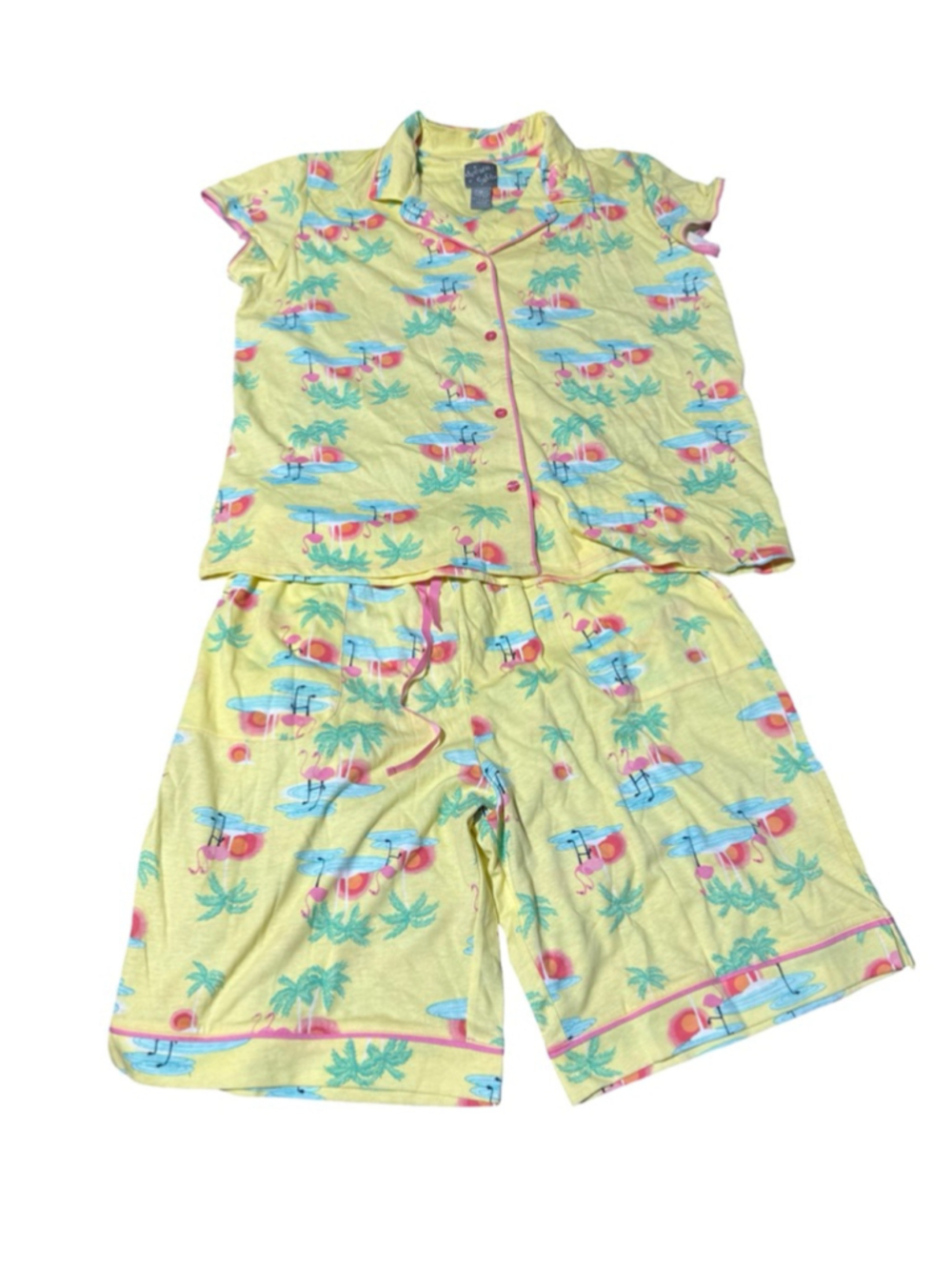 Women's Unbranded Flamingo Print Pajama Set Plus 2X Yellow Pink #913